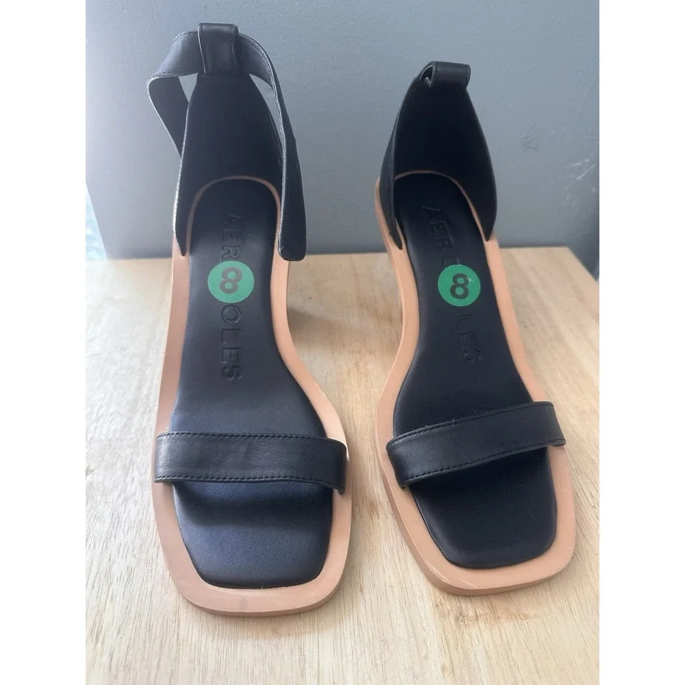 AEROSOLES Women's Size 8 Black Calico Square Toe Ankle Strap Heeled Sandal *READ